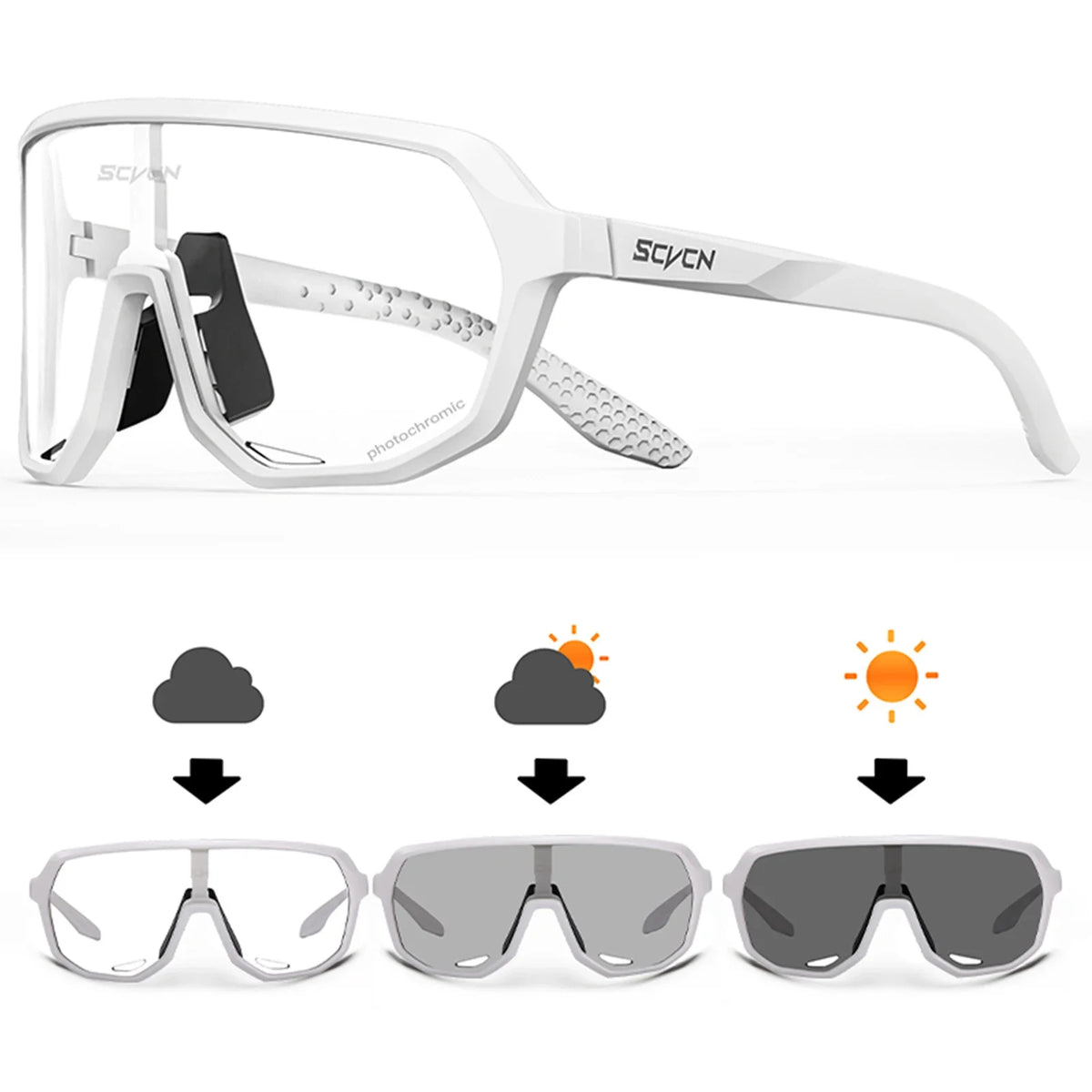 SCVCN UV400 polarized sports sunglasses with sporty design, suitable for cycling and outdoor activities, featuring sleek frames.