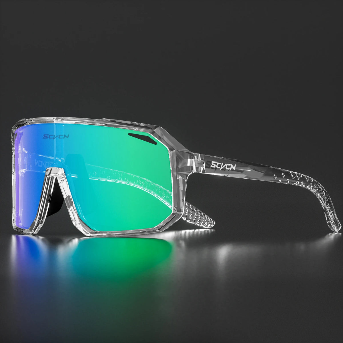 SCVCN photochromic cycling sunglasses with UV400 protection, unisex outdoor sports goggles, black frame and adjustable straps.