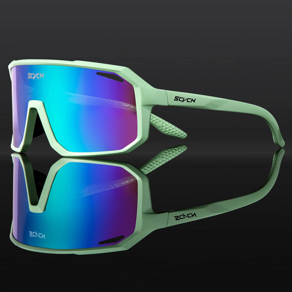 SCVCN photochromic cycling sunglasses with UV400 protection, unisex outdoor sports eyewear, featuring adjustable lenses and sporty design.