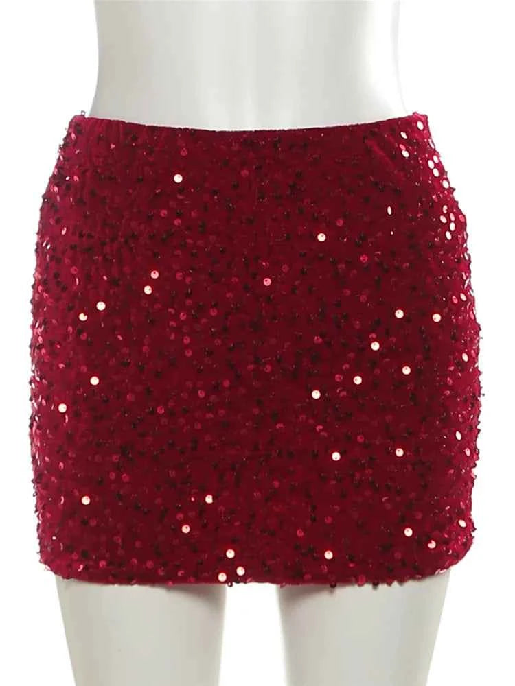 Red Sisterlinda mini sequin skirt, fitted and sexy fall fashion, perfect for clubwear and stylish autumn outfits.