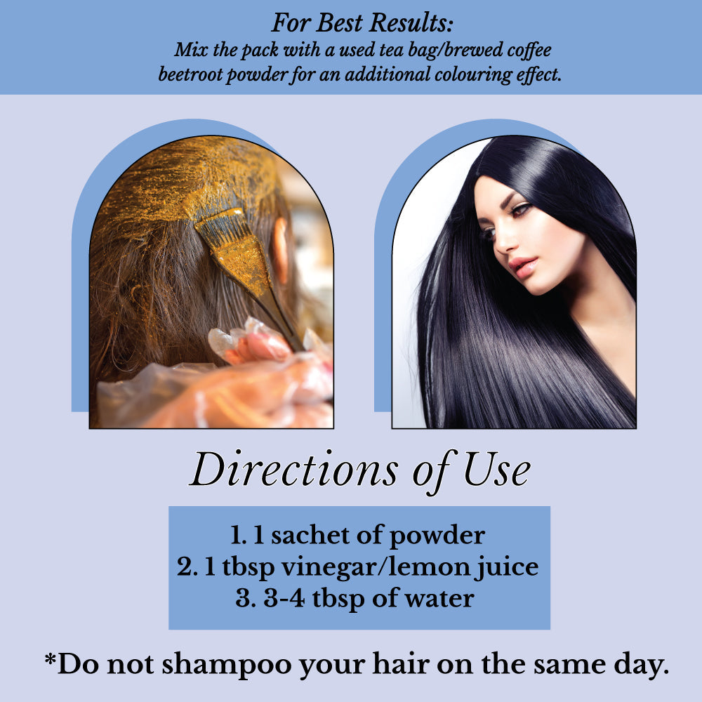 Hair Bloom Natural Blue Black Hair Color- Herbal Indigo w/ False Daisy & Gooseberry Hair Color Powder- 12 individual sachets (10 gm each)- Reusable Brush & Tray Included