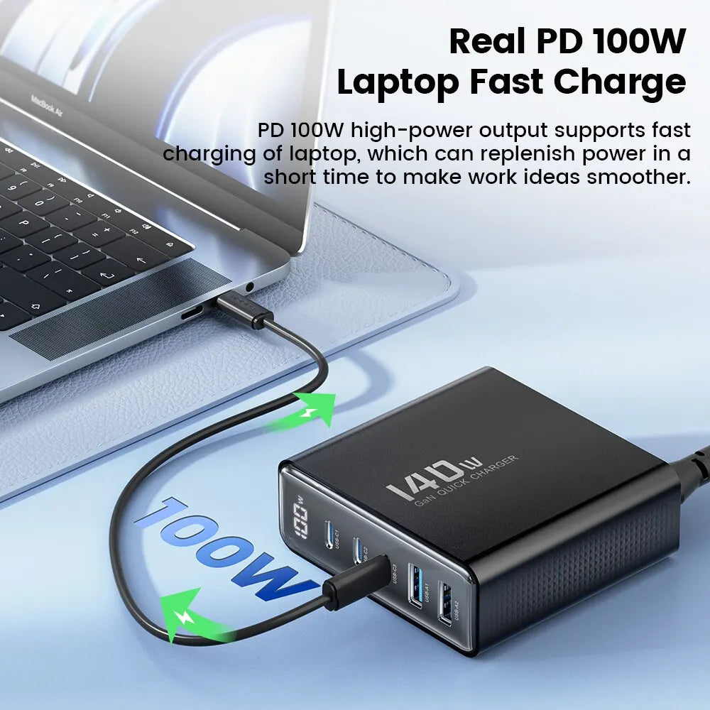 Toocki 140W GaN desktop charger with five fast-charging ports, LED indicator, compact design, and blue accents.