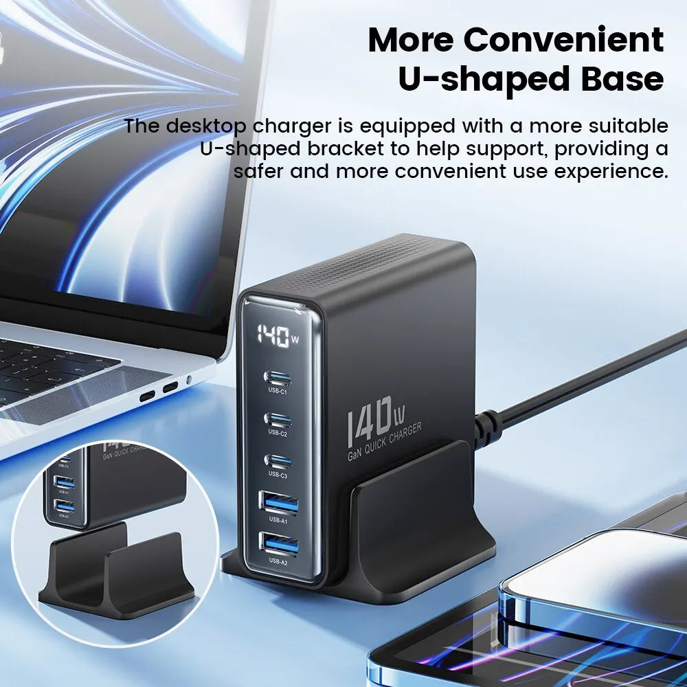 Toocki GaN 140W 5-port desktop charger with LED indicator, fast charging for electronic devices, compact and modern design.