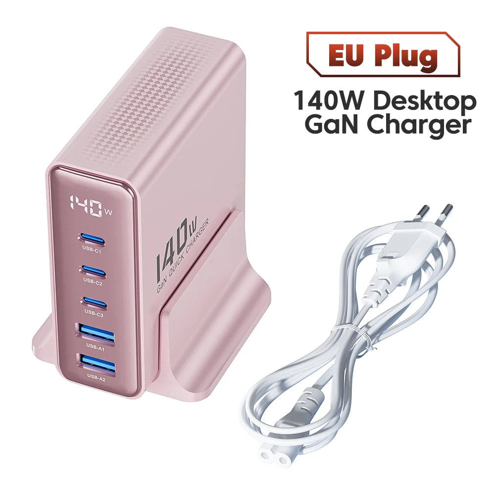 Toocki GaN 140W desktop charger with 5 fast-charging ports and LED indicator, designed for electronic device charging.