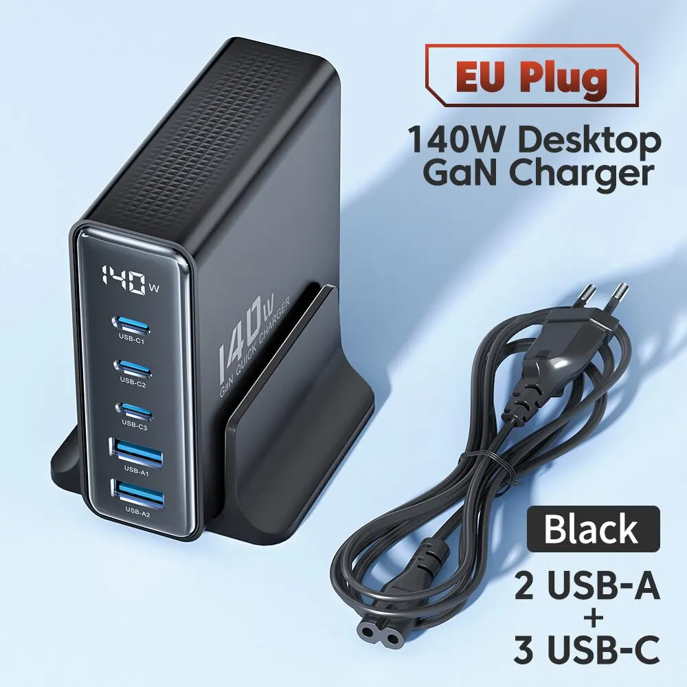 Toocki GaN 140W 5-port desktop charger with LED, fast charging electronic accessory for multiple devices.