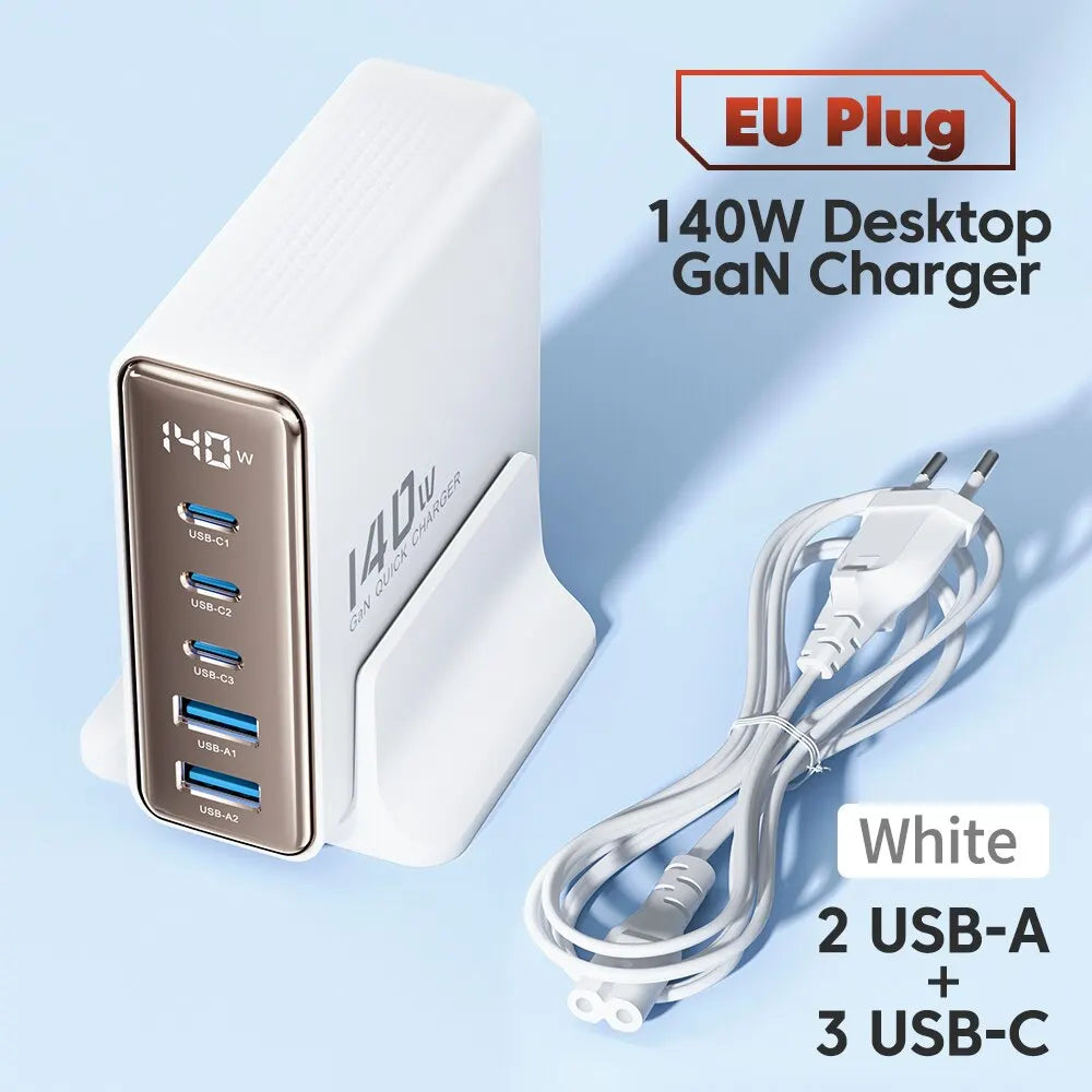 Toocki GaN 140W desktop charger with five USB ports, LED indicator, compact design, ideal for fast charging electronic devices.