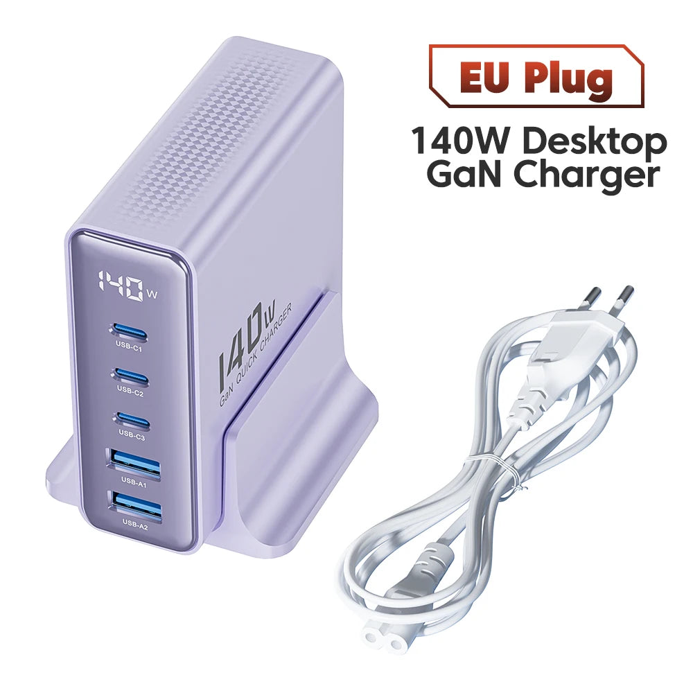 Toocki GaN 140W desktop charger with five USB ports, LED indicator, compact design, ideal for fast charging electronic devices.