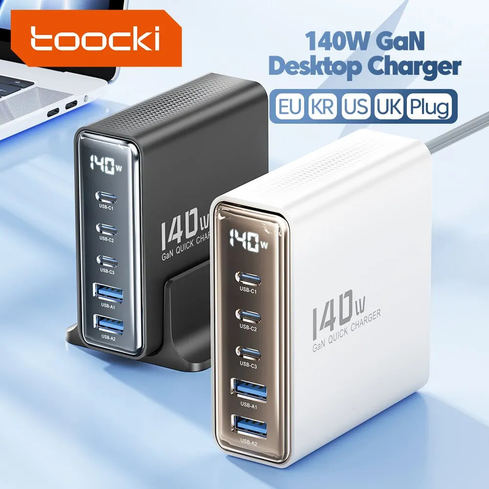 Toocki 140W GaN 5 en 1 desktop charger with LED indicator, featuring fast charging ports and compact design for electronic devices.