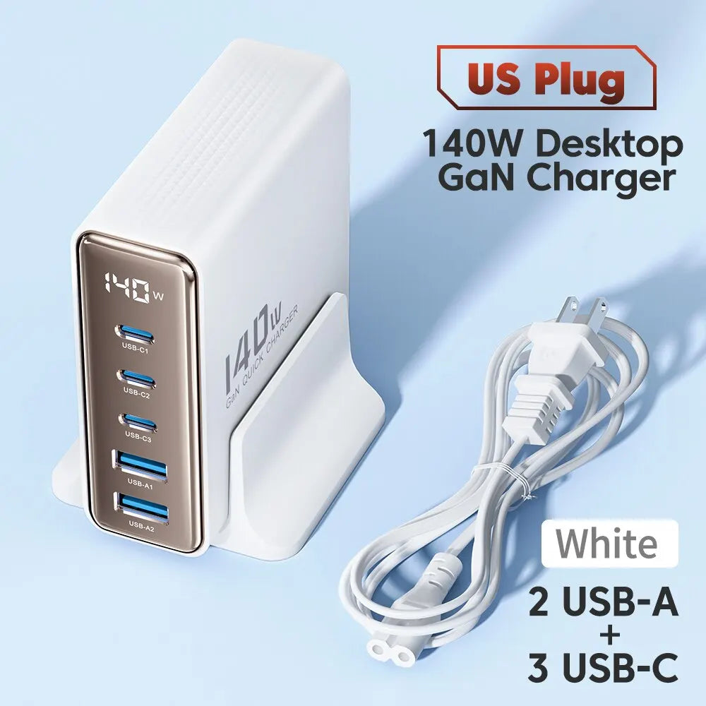 Toocki 140W GaN 5-in-1 desktop charger with LED display, featuring multiple charging ports for fast electronic device charging.