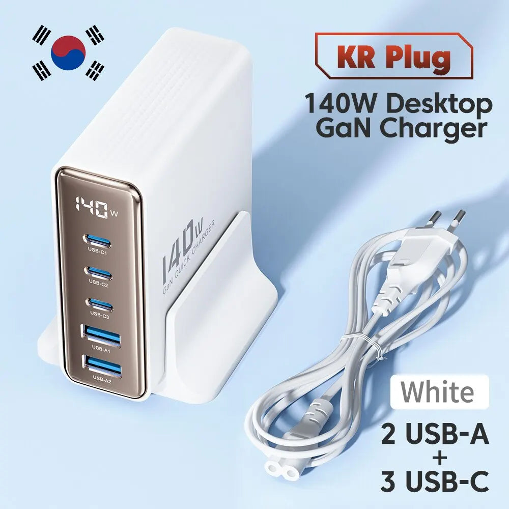 Toocki 140W GaN 5-in-1 desktop charger with LED display, fast charging ports, compact electronic accessory for efficient device power.