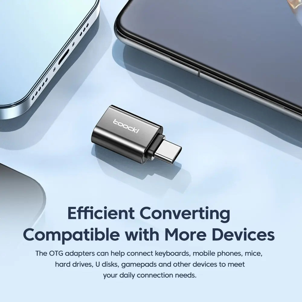 Toocki USB-C male to USB-A female adapter for quick connection, shown in blue with compact design for electronic accessories.