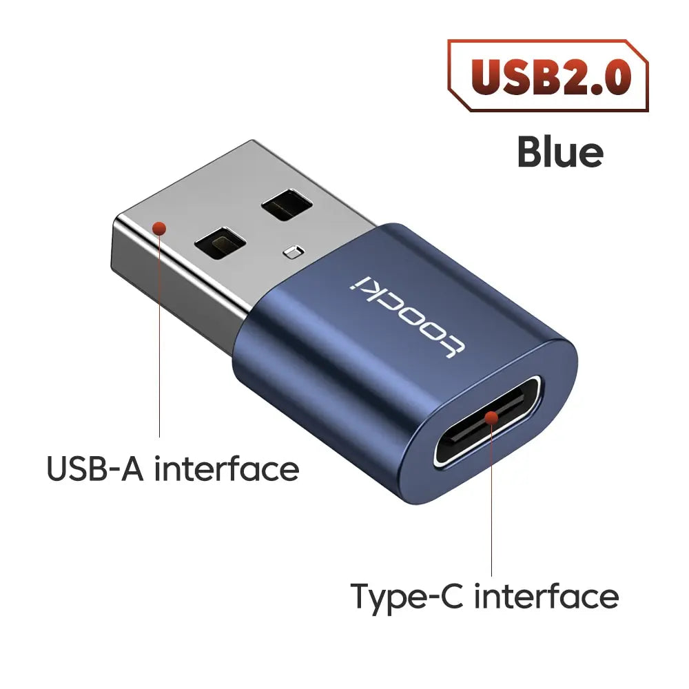 Toocki USB-C male to USB-A female adapter, electronic accessory in blue for fast connection and data transfer.