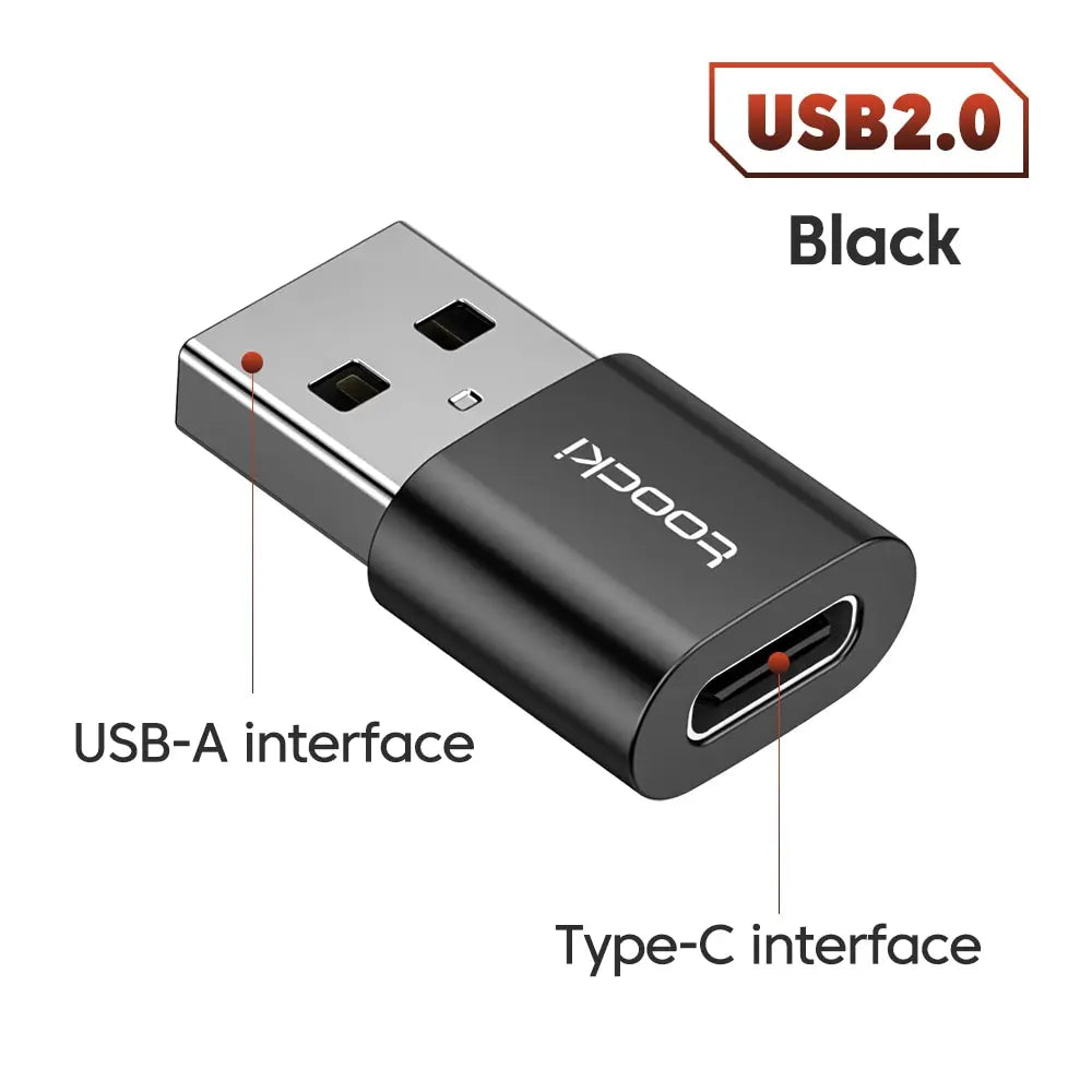 Toocki USB-C male to USB-A female adapter for fast connection, shown in blue, compatible with electronic accessories and computer cables.