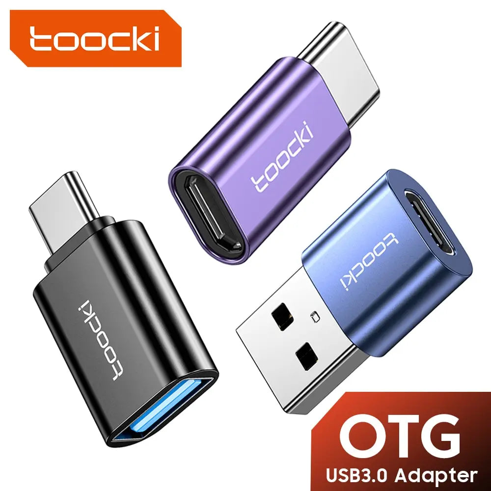 Toocki USB-C male to USB-A female adapter, compact electronic accessory for quick connection between USB devices in blue.