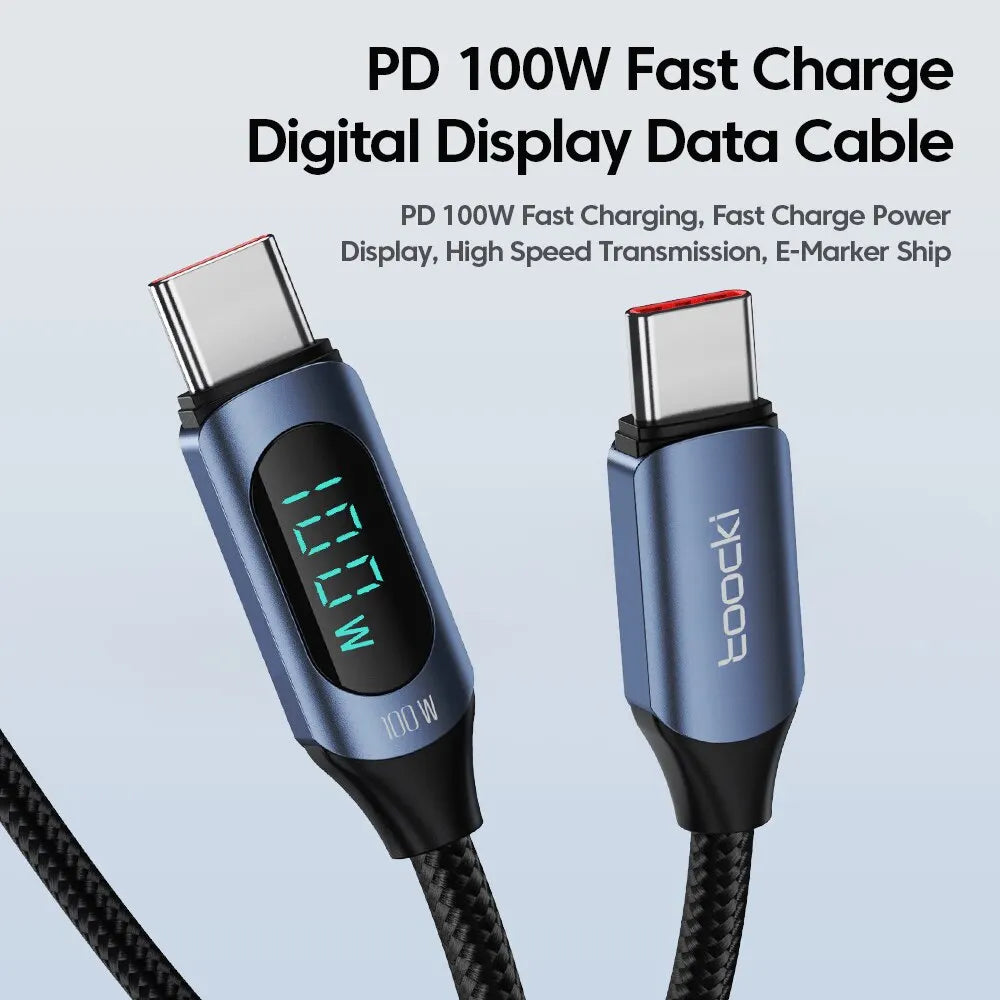 Toocki USB-C cable with 100W PD fast charging for Xiaomi, MacBook, and iPad, shown in white with 1 meter length.