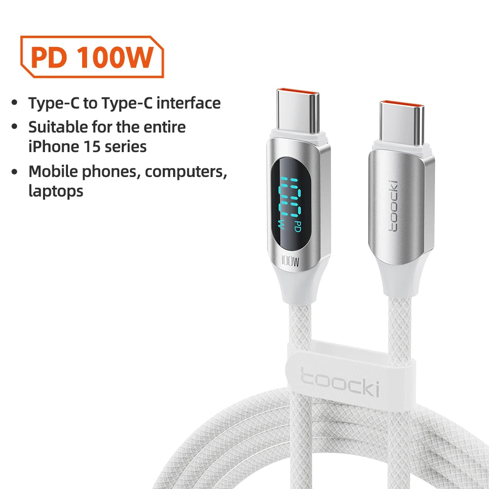 Toocki USB-C cable for Xiaomi, MacBook, iPad, 100W PD fast charging, white 1-meter cable with USB-C connectors.
