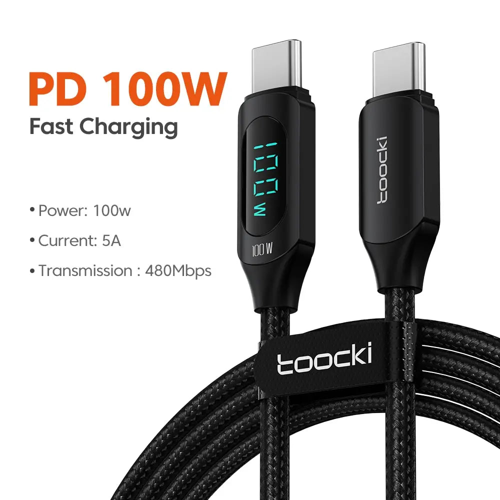 Toocki USB-C cable with 100W PD fast charging for Xiaomi, MacBook, and iPad, shown coiled with connectors visible.