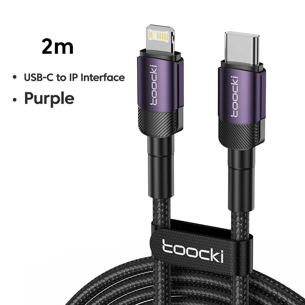 Two black Toocki USB-C to Lightning fast charging cables, 0.5m, for secure and efficient electronic device charging.