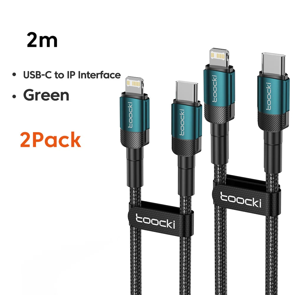 Two black Toocki 20W USB-C to Lightning fast charging cables, 0.5m, designed for safe and efficient charging of electronic devices.