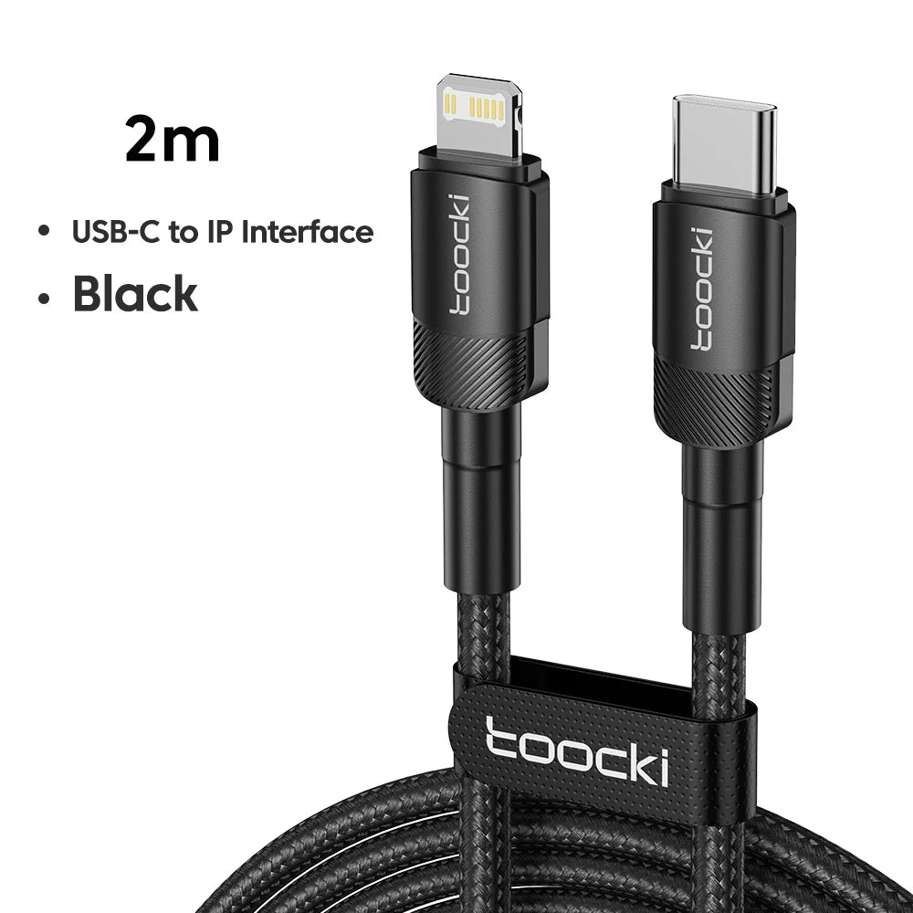 Two black Toocki 20W USB-C to Lightning fast charge cables for iPhone, 0.5m length, ideal for quick and reliable charging.