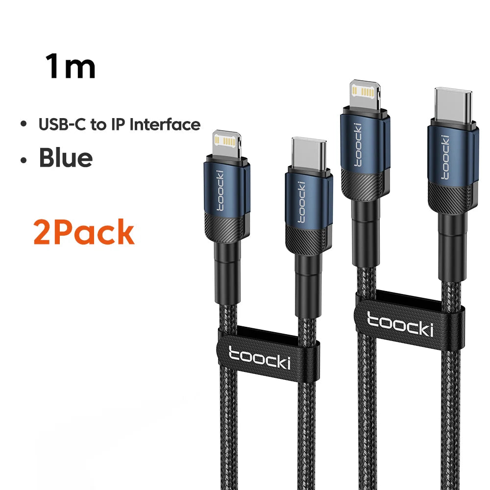 Two black Toocki 20W USB-C to Lightning fast charging cables for iPhone, 0.5m length, designed for quick, reliable power transfer.