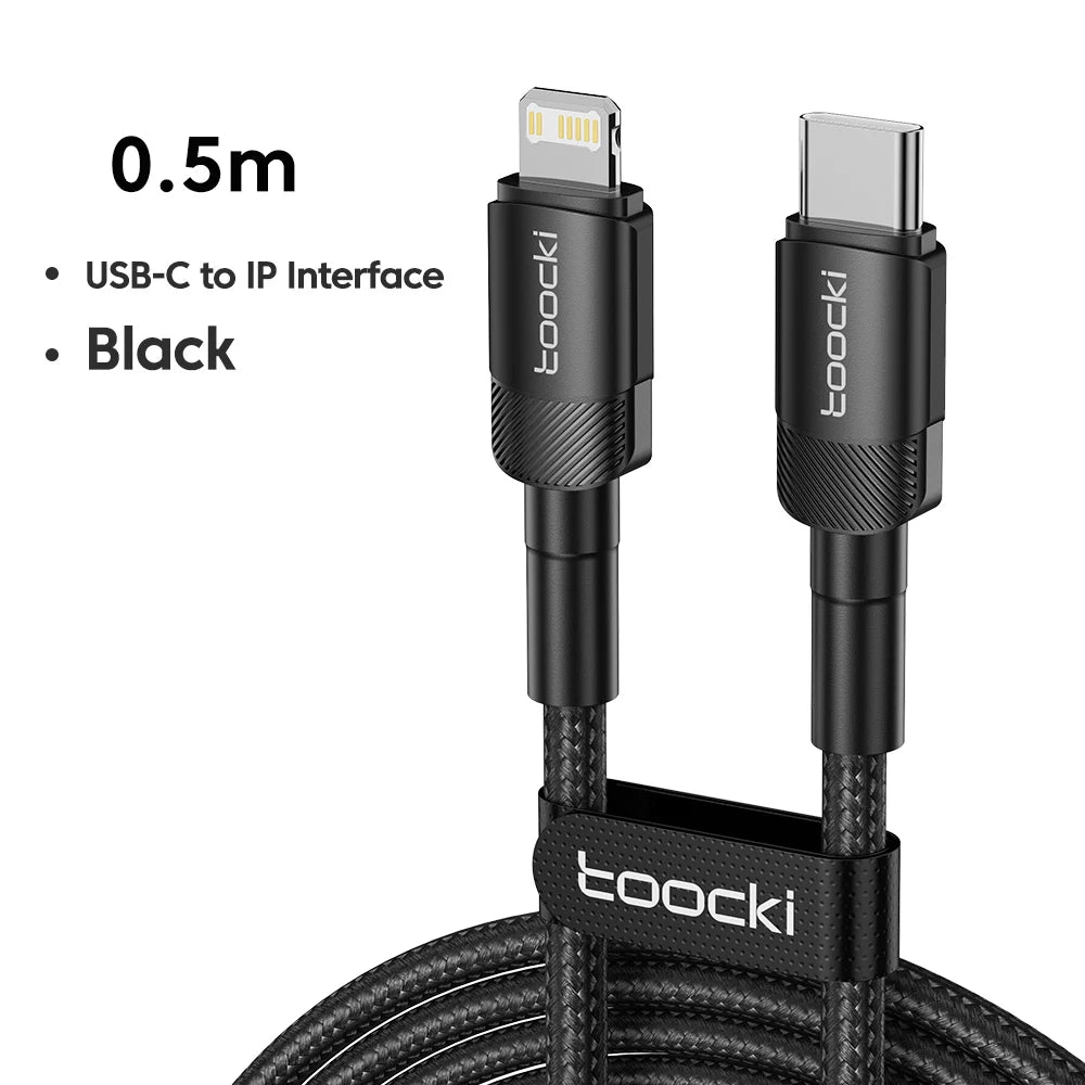 Two black Toocki 20W USB-C to Lightning fast charging cables for iPhone, 0.5m length, ideal for quick charging and data transfer.
