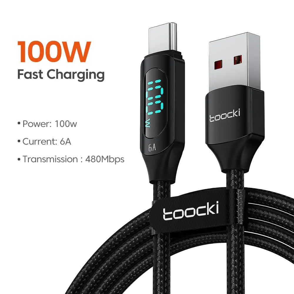 Black Toocki USB-C cable, 2 meters, supports 100W fast charging for Huawei and Samsung devices.