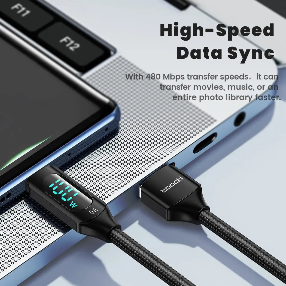Blue Toocki USB-C cable 100W for fast charging, 1 meter, compatible with Huawei, Samsung, Xiaomi smartphones.
