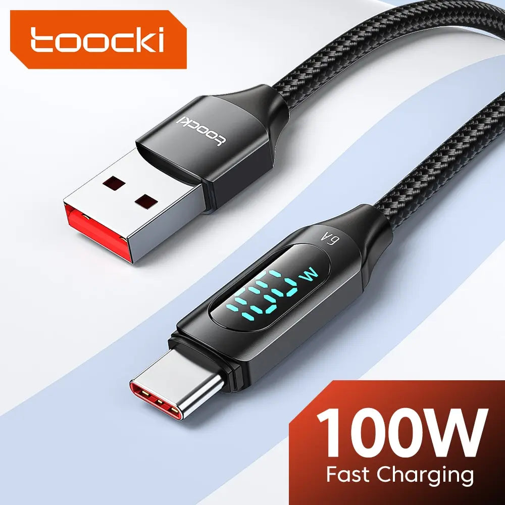 Blue Toocki USB-C cable for Huawei and Samsung, 1 meter long, supports 100W fast charging, electronic accessory for USB cables.