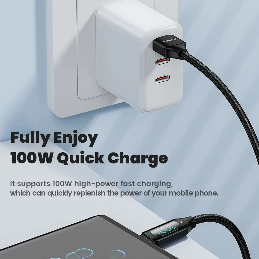 Toocki USB-C cable 100W fast charging for Huawei and Samsung, 1 meter long, blue electronic cable for quick device power transfer.