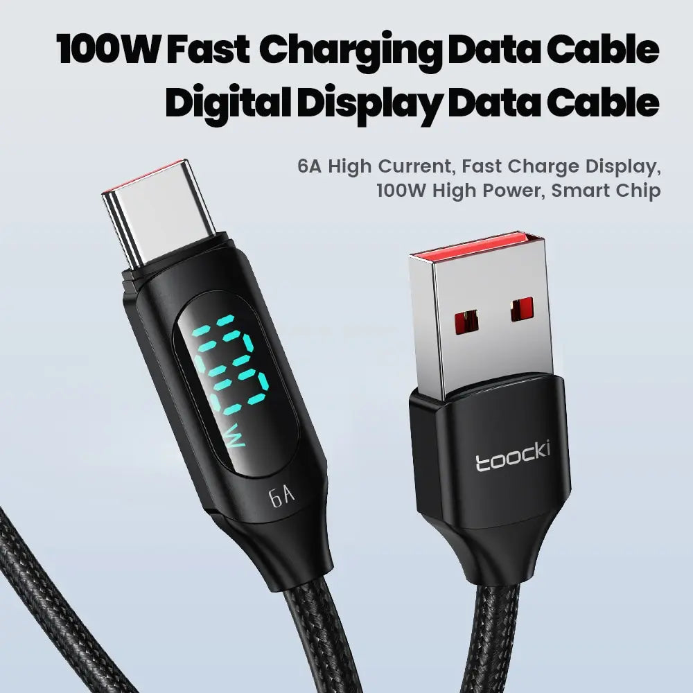 Blue Toocki USB-C cable, 1 meter, 100W fast charging for Huawei and Samsung devices, durable electronic cable for quick data transfer.