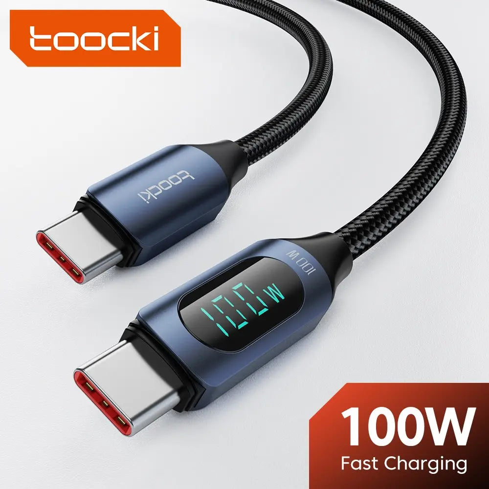 Toocki USB-C cable with 100W PD fast charging and digital display, perfect for electronic devices and quick power transfer.