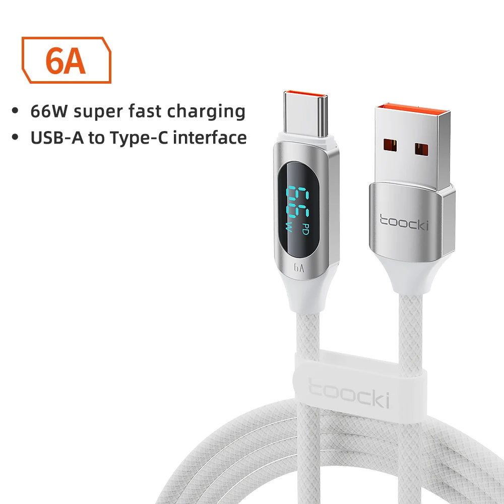 Toocki USB-C cable with digital display, 100W PD fast charging, white, 1 meter, compatible with electronic devices.