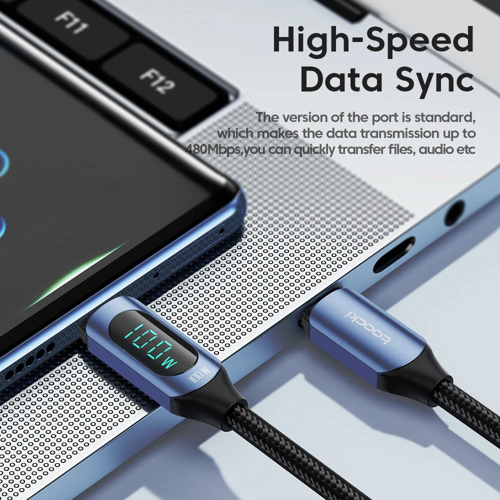 Toocki USB-C 100W PD fast charging cable with digital display, compatible with Mac and iPad, black, 1 meter length.