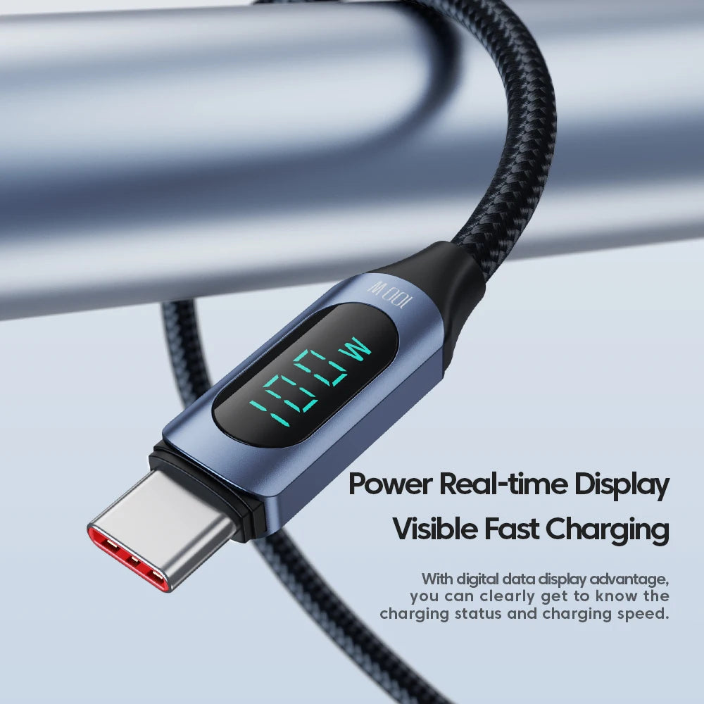 Toocki USB-C cable, 100W PD fast charging, black, 1 meter, with digital display, compatible with Mac and iPad devices.