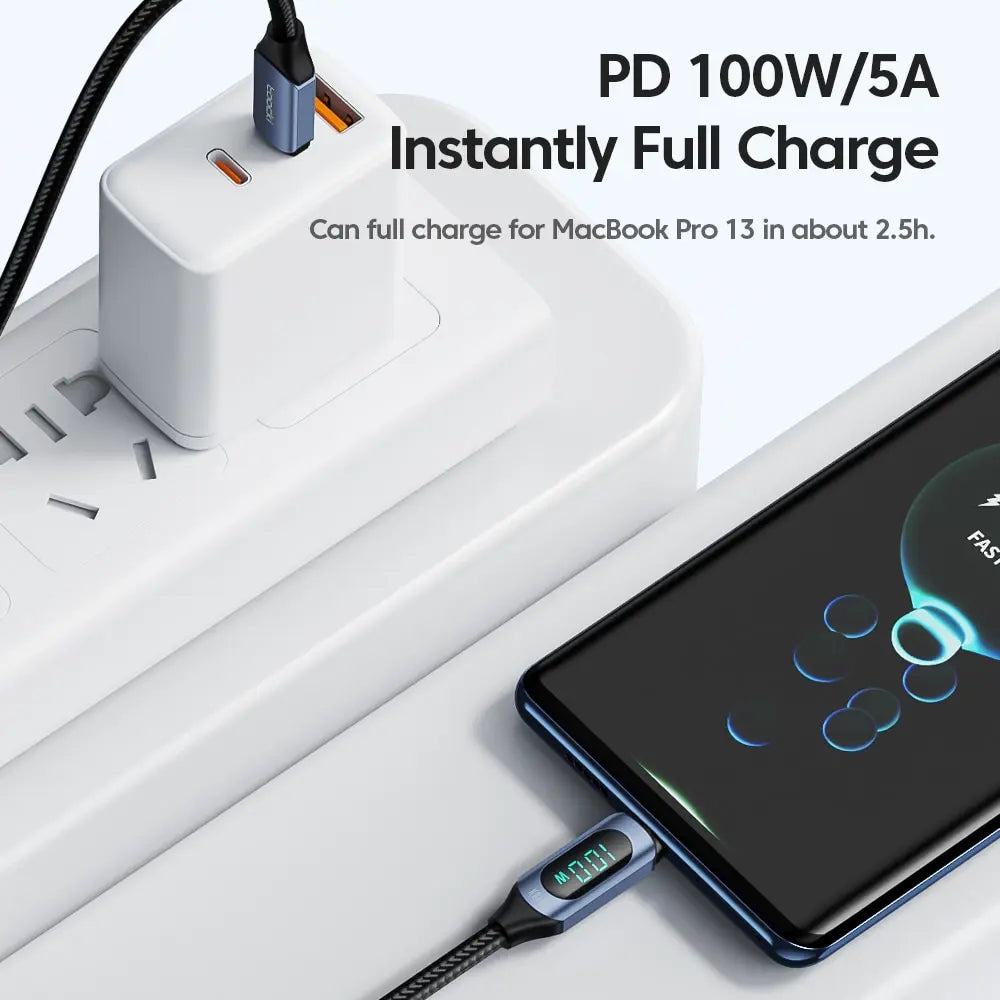 Toocki USB-C to USB-C cable with digital LED display, 100W PD fast charging, 1 meter, blue color, electronic cable for fast data transfer