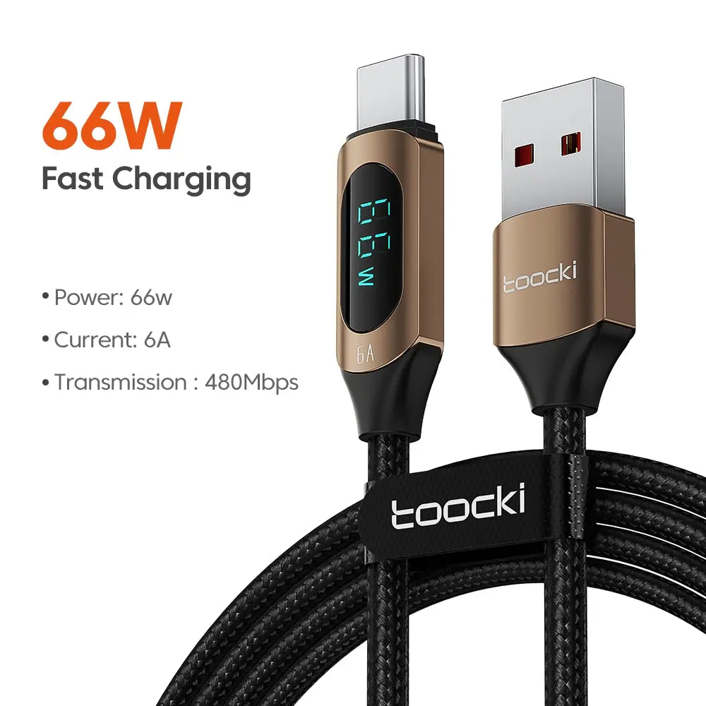 Toocki USB-C to USB-C 100W fast charging cable with digital LED display, 1 meter length, blue color, electronic product.