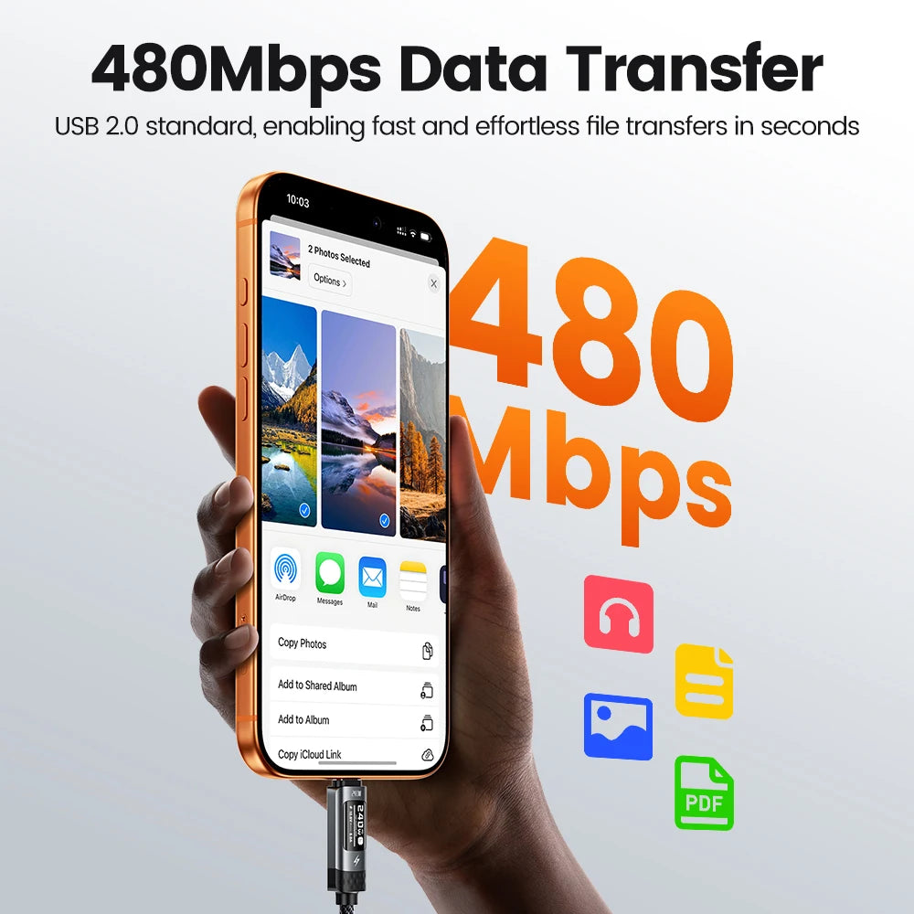 White Toocki USB-C cable, 3 meters long, supports 240W fast charging and PD 3.1, with OLED display and data transfer up to 480Mbps.