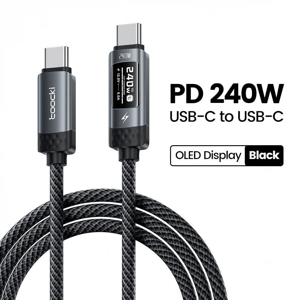Toocki USB C 240W cable with OLED display, 3 meters, fast PD 3.1 charging and data transfer at 480Mbps, white color.