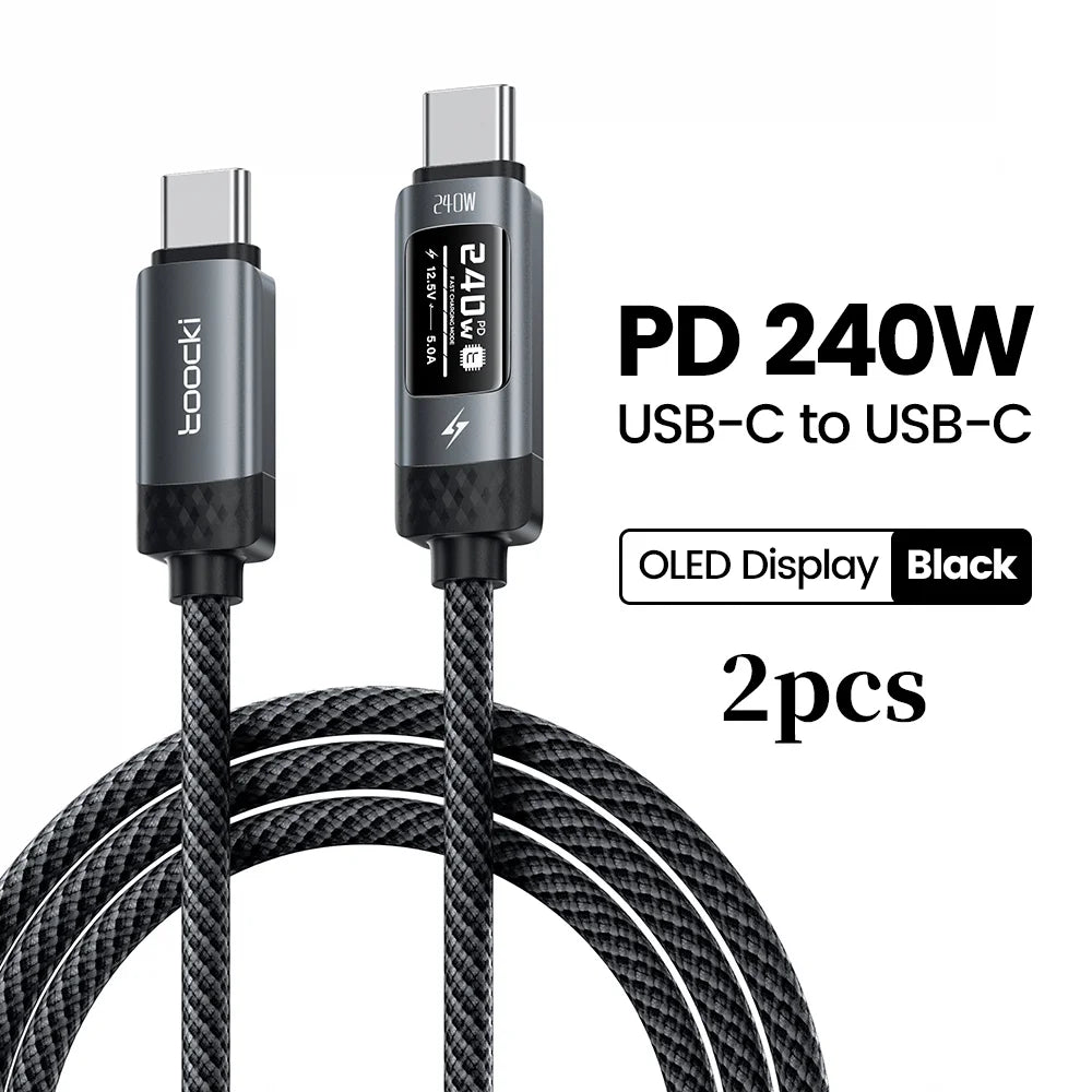 Toocki USB C cable 240W OLED PD 3.1 for fast charging and data transfer, white 3-meter length, durable electronic cable.