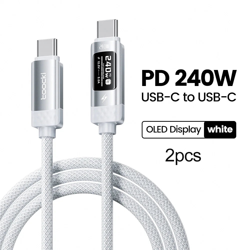 White Toocki USB-C cable, 3 meters, with OLED display, supports 240W PD 3.1 fast charging and data transfer.