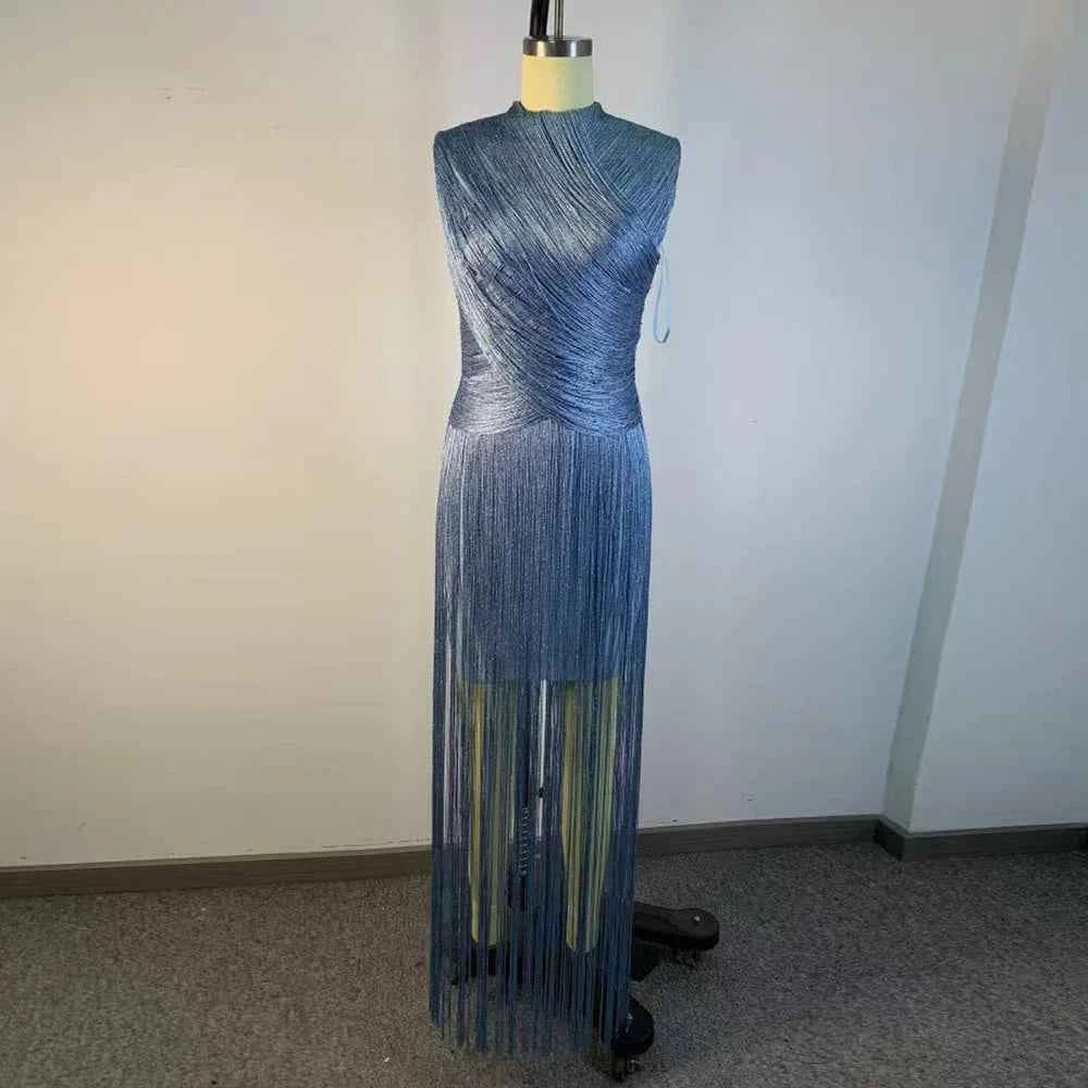 VGH elegant blue midi party dress with high collar and fringe details, perfect for evening occasions.