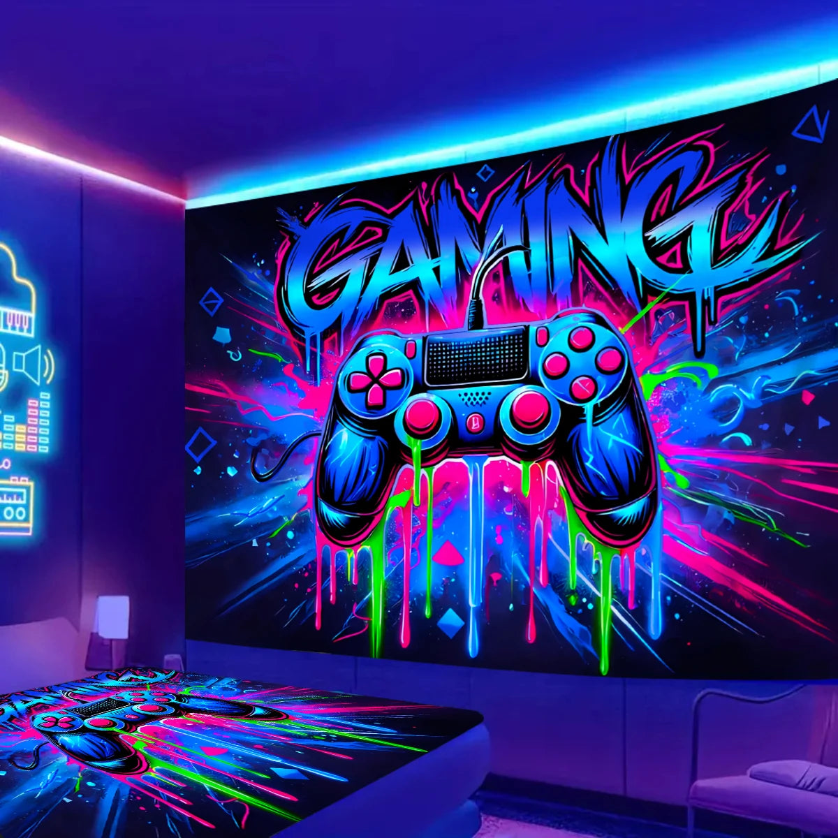 VIKAMA neon gaming tapestry with cyberpunk video game design, wall decor for gaming room, 75x58cm wall hanging.