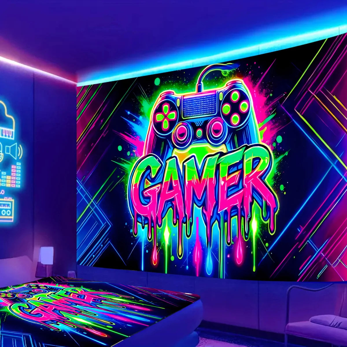 Neon VIKAMA video game cyberpunk tapestry wall decor for gaming room, featuring vibrant neon colors and futuristic design.