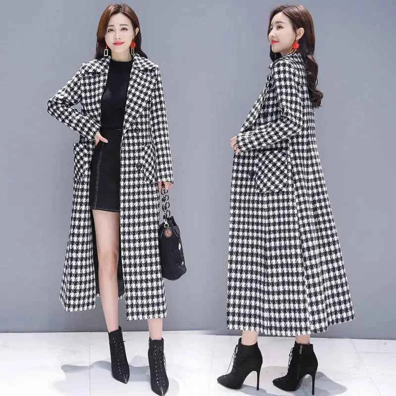 Elegant VWBQNZ women's plaid wool coat, long casual winter jacket with checkered pattern, suitable for stylish winter wear.