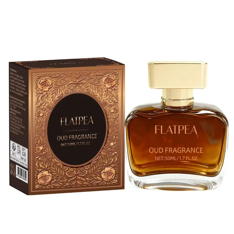 Elegant WARMKISS Arab Sandalwood perfume bottle with agar wood and musk, 50ml, in a sleek glass container.