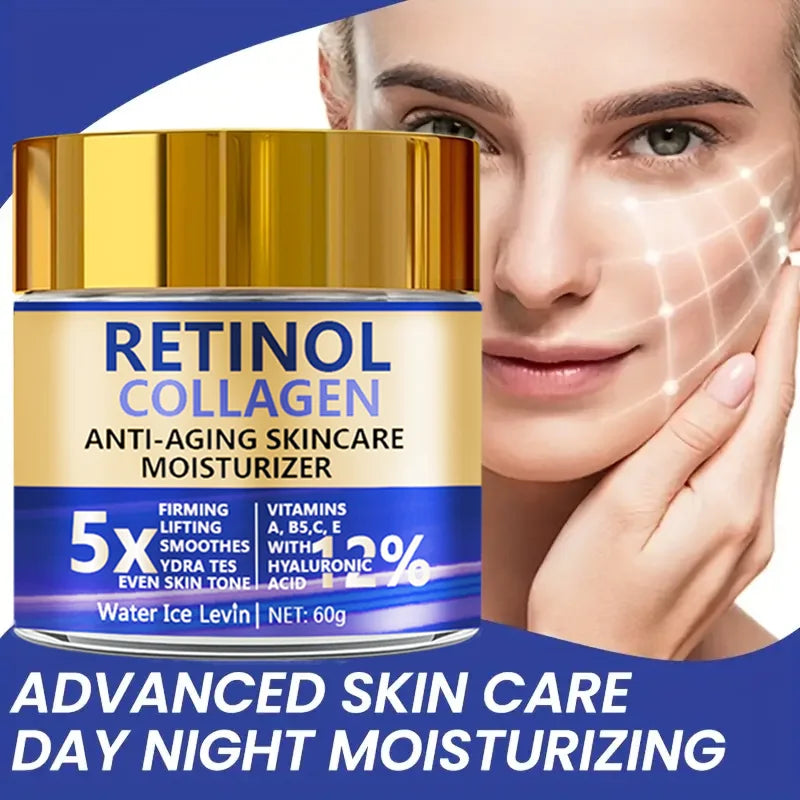 Cream jar labeled Water Ice Levin Retinol and Collagen Facial Cream, hydrating and firming skincare product in a 60g container.