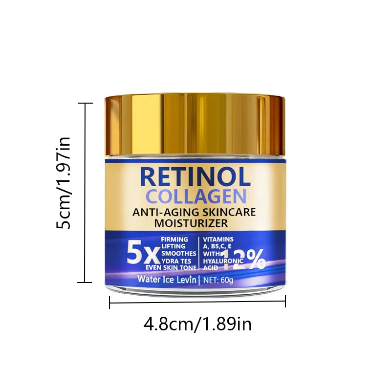 Cream jar labeled Water Ice Levin Retinol and Collagen facial cream, 60g, promoting hydration and skin firmness.