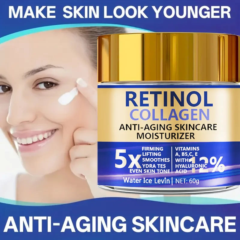 Cream jar labeled Crema Facial Retinol y Colágeno by Water Ice Levin, a hydrating firming facial cream in a 60g container.
