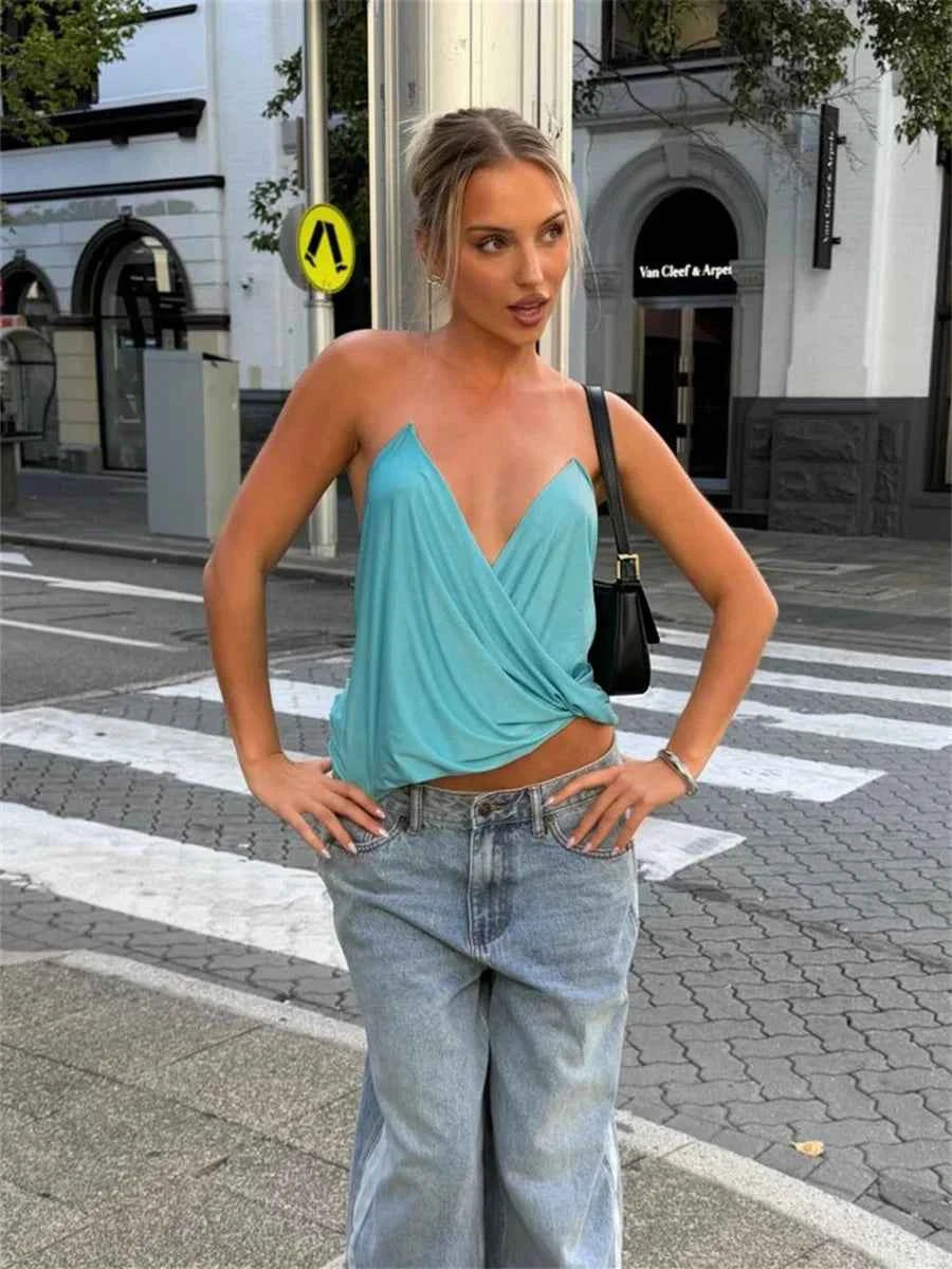 Blue WEIRD PUSS sleeveless top for women with crossed and ruched design, featuring an open back and a sexy style.